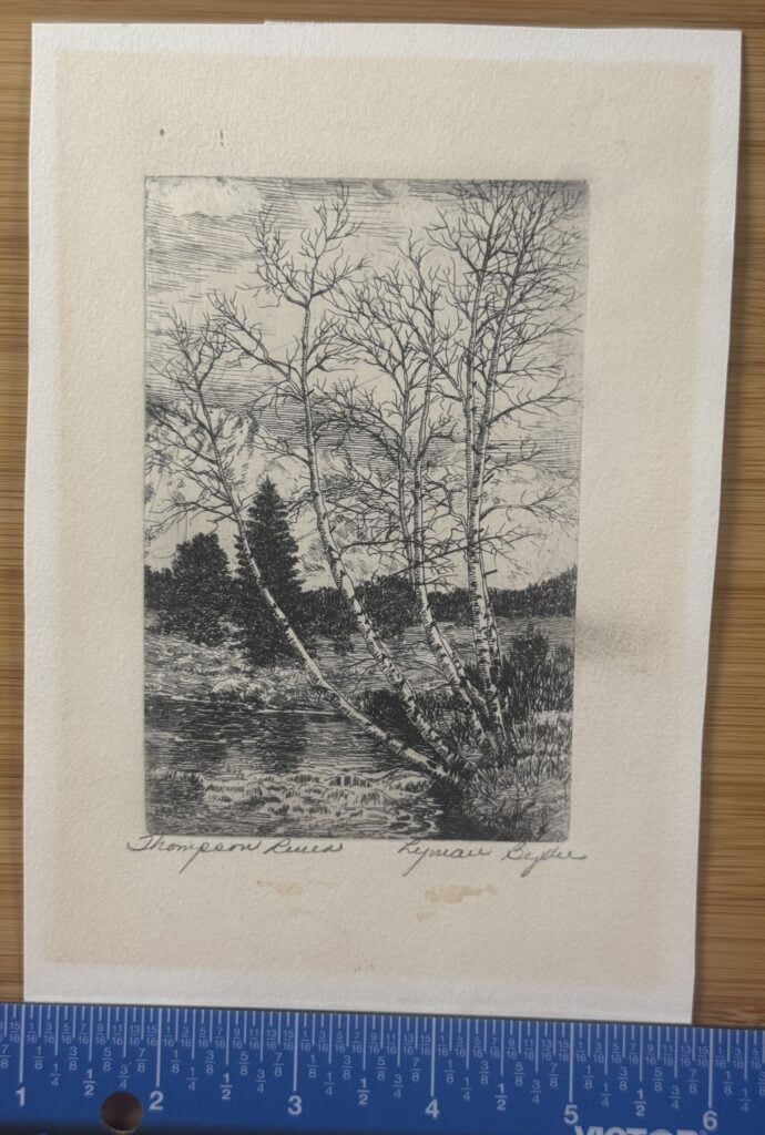 Lyman Byxby etching titled Thompson River